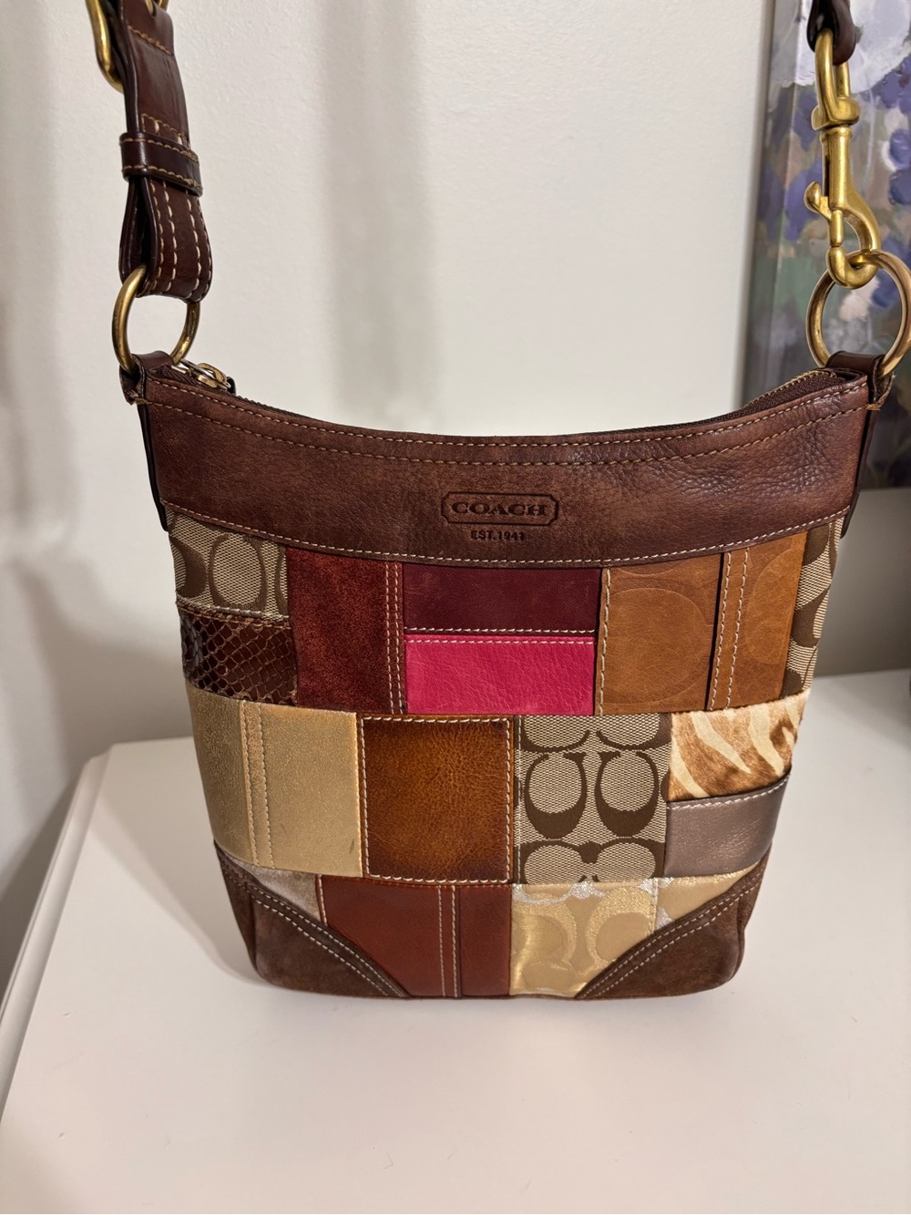 Coach F0771-F10435 Patchwork Leather & Signature Canvas Crossbody Bag Brown